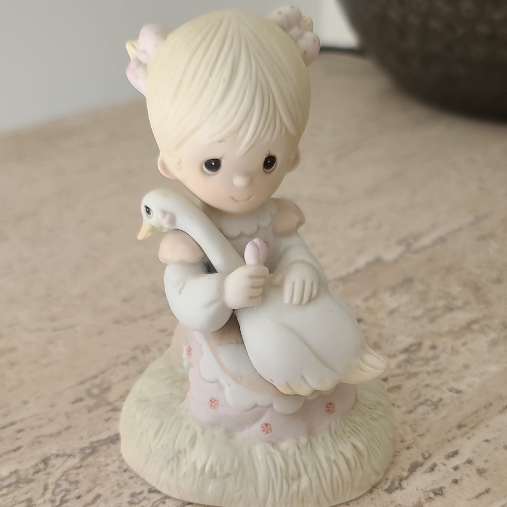 Charming Cream and Pink Child with Swan Sculpture